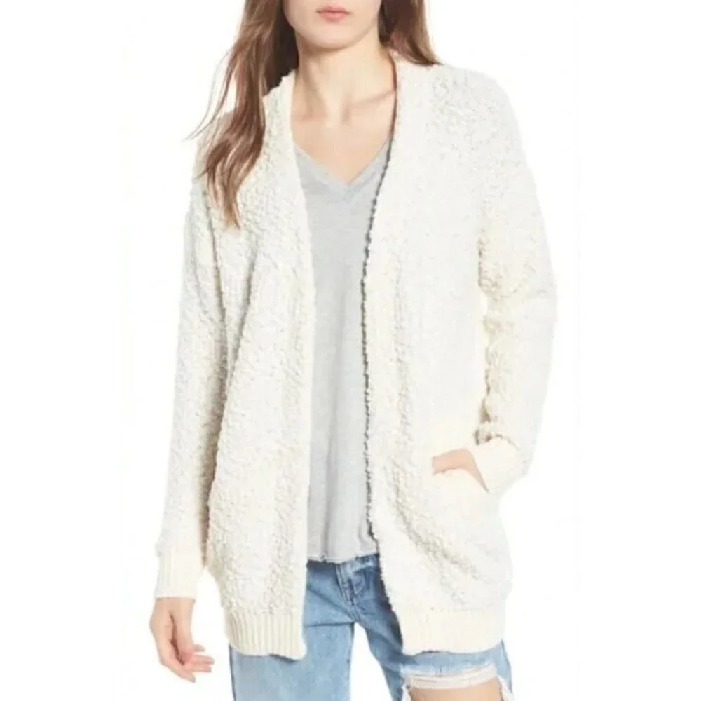 Dreamers by Debut Nubby Cardigan Womens Medium Ivory Pockets Open Front New NWT